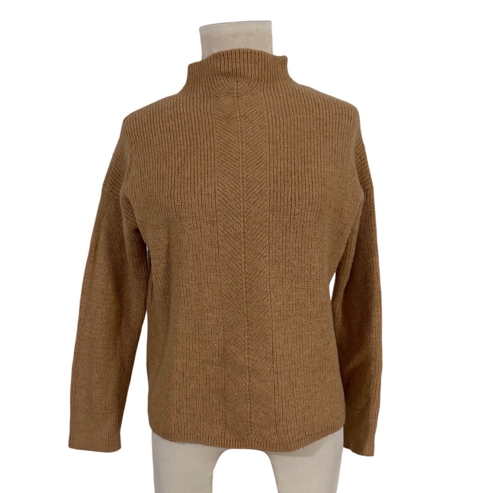 RACHEL ZOE Mock Neck Ribbed Merino Wool Blend Sweater Camel Tan‎ Women's M